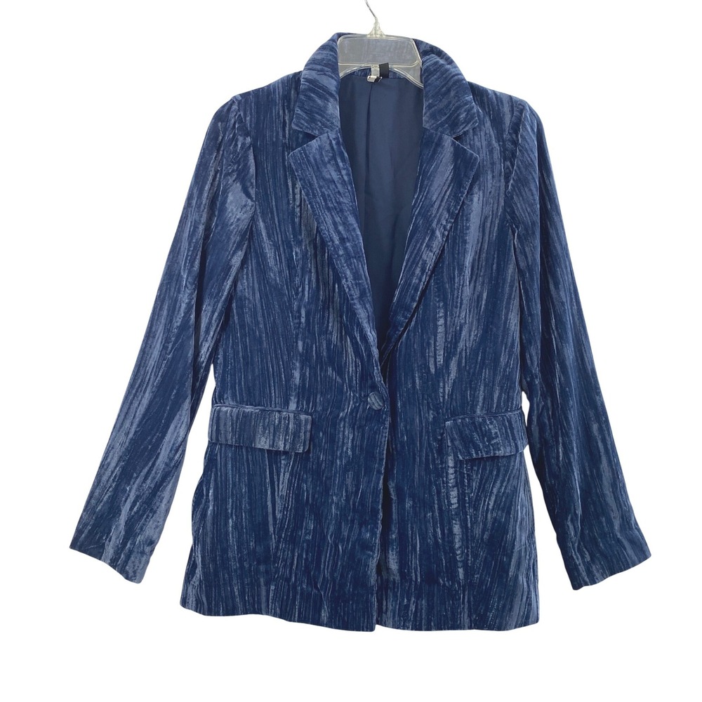 Topshop Crinkle Velvet Blazer Womens Size 2 Blue Winter Event Oversized 1 Button